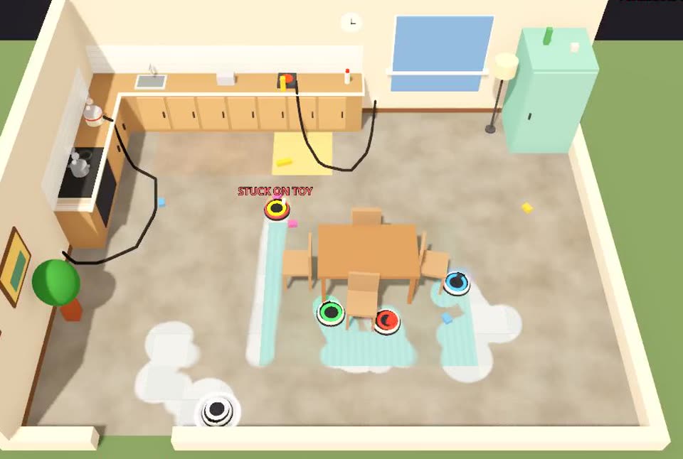 Robot vacuums cleaning a sunny kitchen. White trails show where they have cleaned.